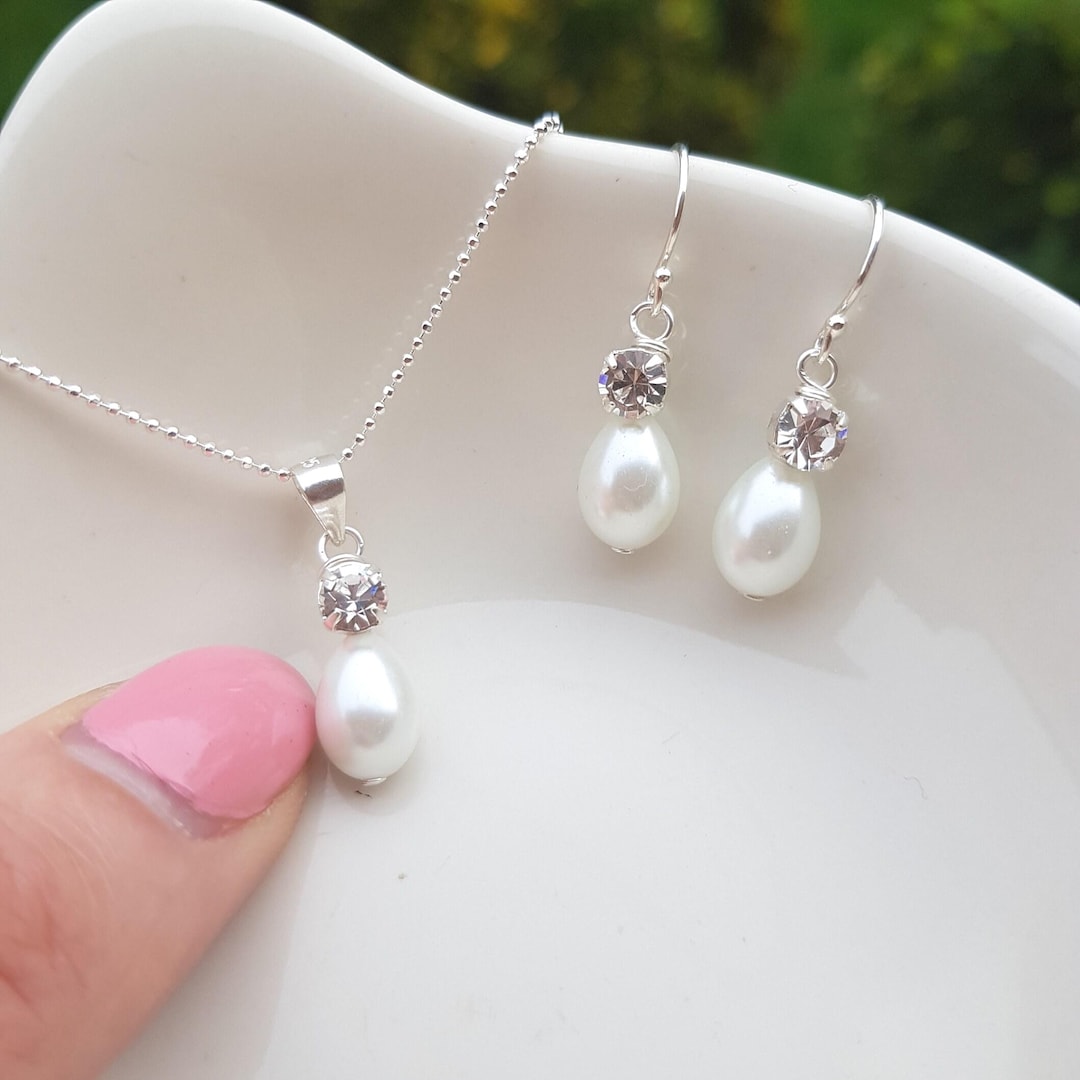 Pearl and Diamante Wedding Jewellery Set Sterling Silver Teardrop Pearl  Diamond Pendant Bridal Jewelry Set Necklace Earrings Bridesmaid Gift