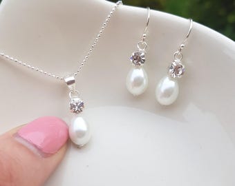 Pearl and diamante wedding jewellery set Sterling Silver teardrop pearl diamond pendant bridal jewelry set necklace earrings bridesmaid gift