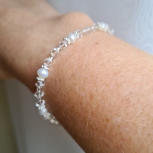 Tiny Crystal and Freshwater pearl bracelet Sterling Silver Clear or AB Crystal and real Pearl dainty bridal bracelet wedding jewellery gift