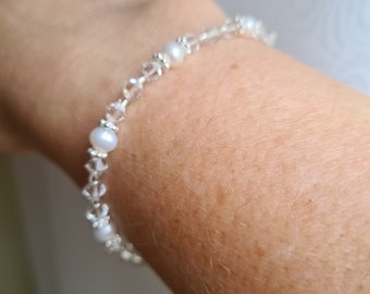 Tiny Crystal and Freshwater pearl bracelet Sterling Silver Clear or AB Crystal and real Pearl dainty bridal bracelet wedding jewellery gift