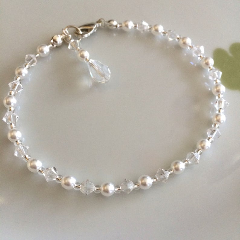 Crystal and pearl wedding bracelet Silver dainty clear or AB crystal and pearl bridal bracelet Preciosa wedding jewellery bridesmaid gift image 1