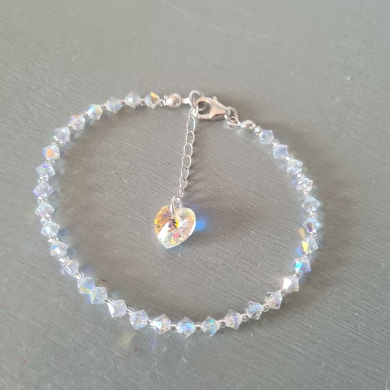 AB Crystal Heart Bracelet Sterling Silver Adjustable Length AB Crystal Heart Bracelet Sterling Silver Adjustable Length