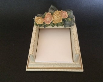 Vintage Cream Resin Rose Memo Holder Tray 1990s Desk Organizer Crackle Distressed Finish