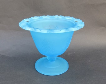 Frosted Turquoise Glass Candy Bowl with Embossed Grapes, Mid-Century American Compote