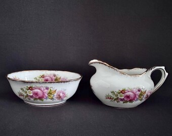 Royal Albert Sugar Bowl and Creamer Set, 1950s English Bone China, Pink Roses & Gold Trim