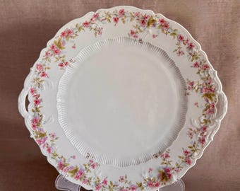 Antique German Porcelain Serving Plate, Handled Scalloped Floral China Dish