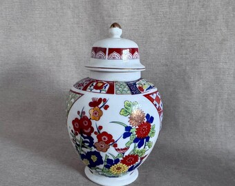 Oriental Ginger Jar with Lid, Floral Ceramic Asian Decor, Crimson Cobalt and Rose Gold Accents, Home Decor Gift