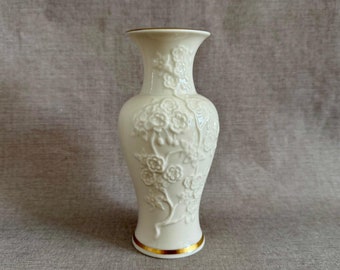 LENOX Ming Blossom Ivory Bone China Vase, Embossed Floral Design, Gold Trim, USA Made