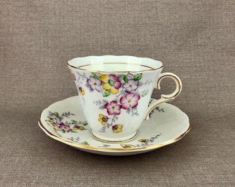 Colclough 6593 Footed Tea Cup and Saucer, English Bone China, Gold Trim, Floral Scalloped Cup, Longton England