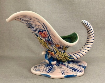 1950s Hull Pottery Cornucopia Vase: Blossom Flight Floral Mid Century Decor, Vintage Art Pottery