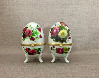 Pair Egg TRINKET BOXES Hinged China Porcelain Eggs Footed Eggs Easter Decor Gift for Her Easter Home Accent, Mid Century Fabrege Style Eggs