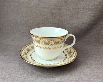MINTON English Bone China TEA CUP and Saucer Jubilee White & Gold Shell Leaves Filigree Border England 1963 - 1974 Gift for Her Home