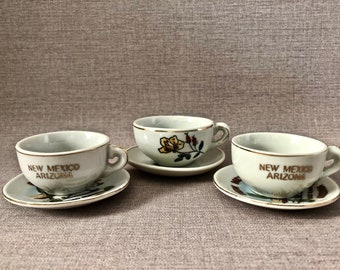 Vintage Miniature Tea Cups & Saucers Set of 3, Arizona and New Mexico Souvenirs, Road Runner