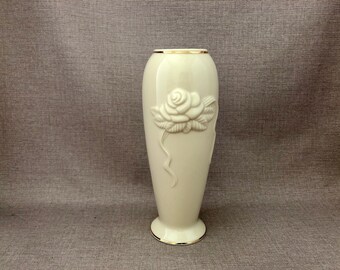 7 3/8" inch high LENOX Bud Vase Embossed Rose Rosebud Collection Ivory China w Gold Trim Gift for the Home Decor Accent