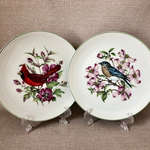 BIIRD PLATES Pair of HORSHOW 7 1/4&quot; Wide Avian Display Gift Salad Dessert Snack or Tea Plates for Wall or Easel Cardinal & Bluebird Dogwood