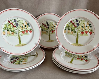 Rare Villeroy & Boch SET of 8 1980s APPETITO 8 1/2" Salad PLATES w Red Border and Multi Color Fruits in Tree Pristine Mix Match Ready Gift