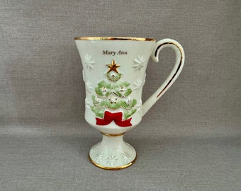 LENOX Very Merry Personalized HOLIDAY MUG for Mary Ann Ivory Bone China w Embossed Christmas Tree & Stars Red Green w Gold Trim Gift Item