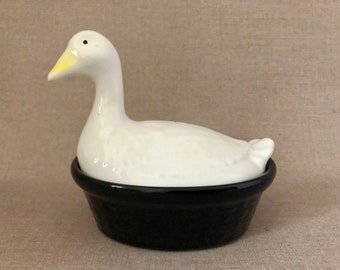 DUCK on Nest Glazed Ceramic TRINKET BOX Black Bowl White Figure 2 Piece Container Country Kitchen Home Accent Neutral Colors Gift For Her