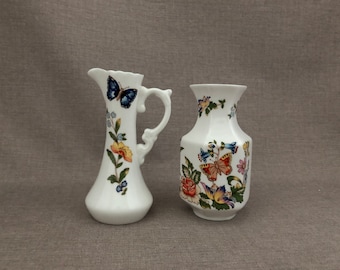 Pair AYNSLEY English Bone CHINA Mini Pitcher and Urn Bud Vases Country Garden Butterfly & Flowers Made in England Home Accent Gift for Her