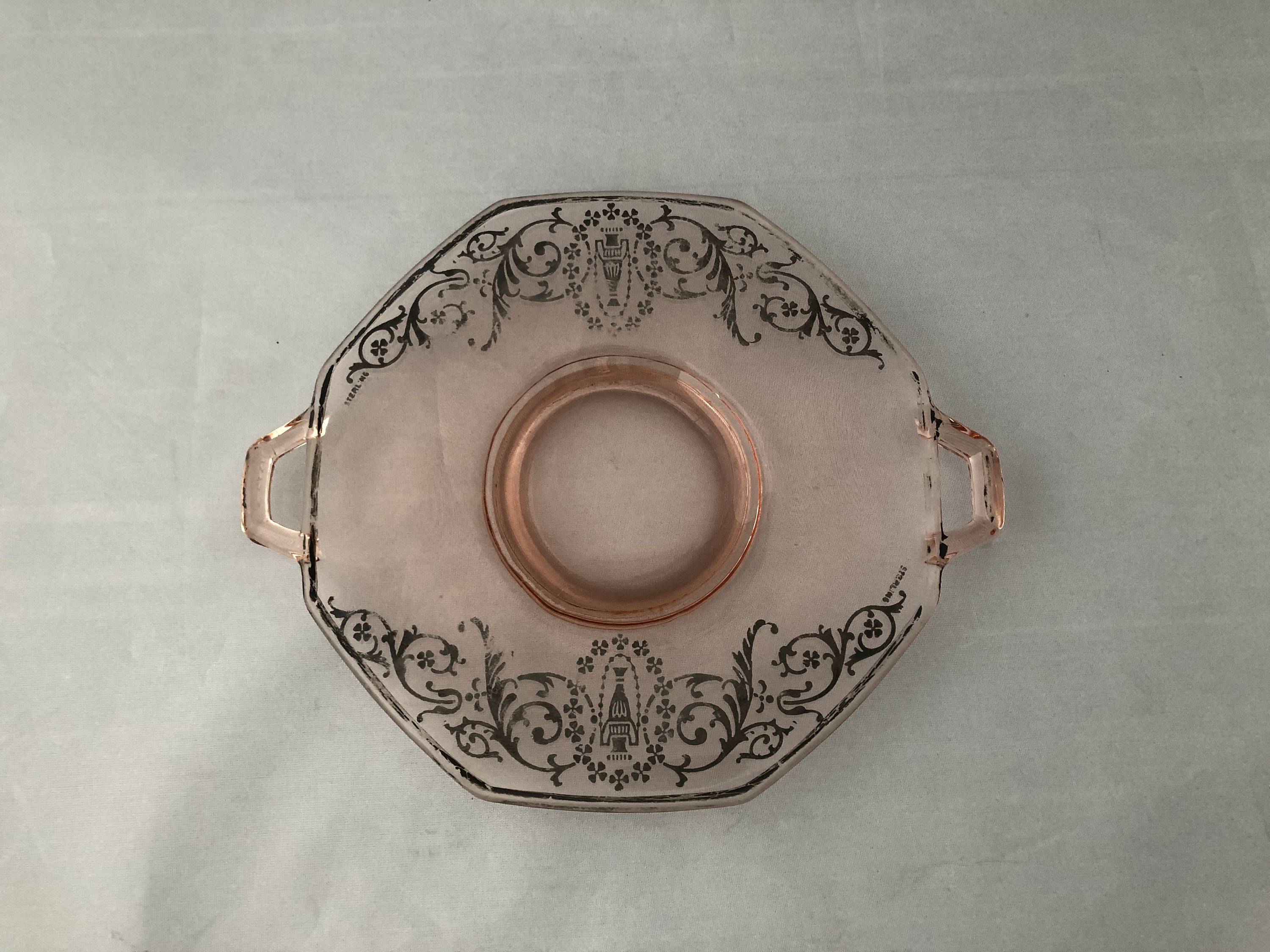Vintage Pink Depression Glass Handled Serving Plate with Silver Overlay, Octagonal Small Dish