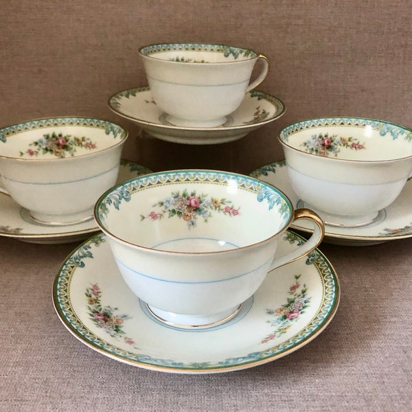 SET of 4 CUPS w SAUCERS Noritake Avon China Vintage 1930s Tea or Coffee Scrolled Border Gold Edged Mixed Floral Porcelain China Dinnerware