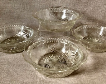 Set of 6 Depression Glass Dessert Bowls, Scalloped Edge, Sunburst Design