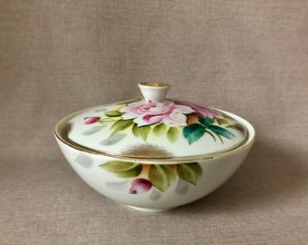 Lipper & Mann Lidded COVERED BOWL Porcelain China Double Pink Rose 6" Candy Dish w Gold Knob Lid 1950s Mid Century Imported fr Japan Gift