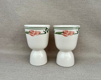 PAIR of Vintage White Ironstone EGG CUPS w Iris Floral Border Mid Century Style Vintage Egg Lovers Kitchen Gift Housewarming