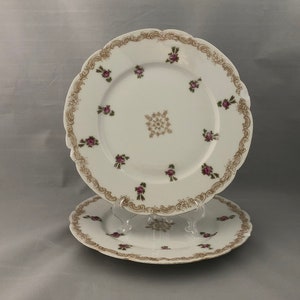 Pair ANTIQUE LIMOGES Salad or Dessert Plates 1890-1915 Pink Rose Pattern w Gold Trim Scalloped Edge made in France Collectible Gift for Her