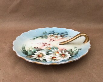 China LEMON DISH Small Hand Painted Handled Serving Plate for Time Plate as Bon Bon Dish w White Daisies Gift for her Home Accent