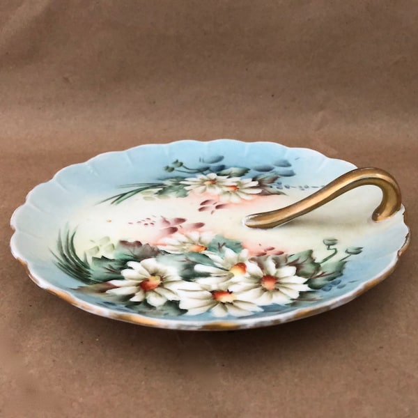 China Small PLATE w HANDLE Hand Painted Handled Serving Dish for Lemons or Bon Bone w White Daisies Gift for her Home Accent