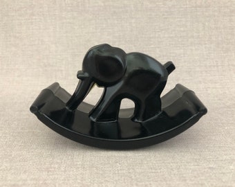 Solid Black Depression Era Glass Elephant Figurine on Rocker Base, Houze Glass Co Ink Blotter Holder Desk Accessory Collector Gift