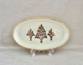 LENOX Oval TRAY Eternal Christmas Ivory w 3 Holiday Holly Trees in Gold w  Red Berries made in USA Snack or Relish Dish Gift for the Home