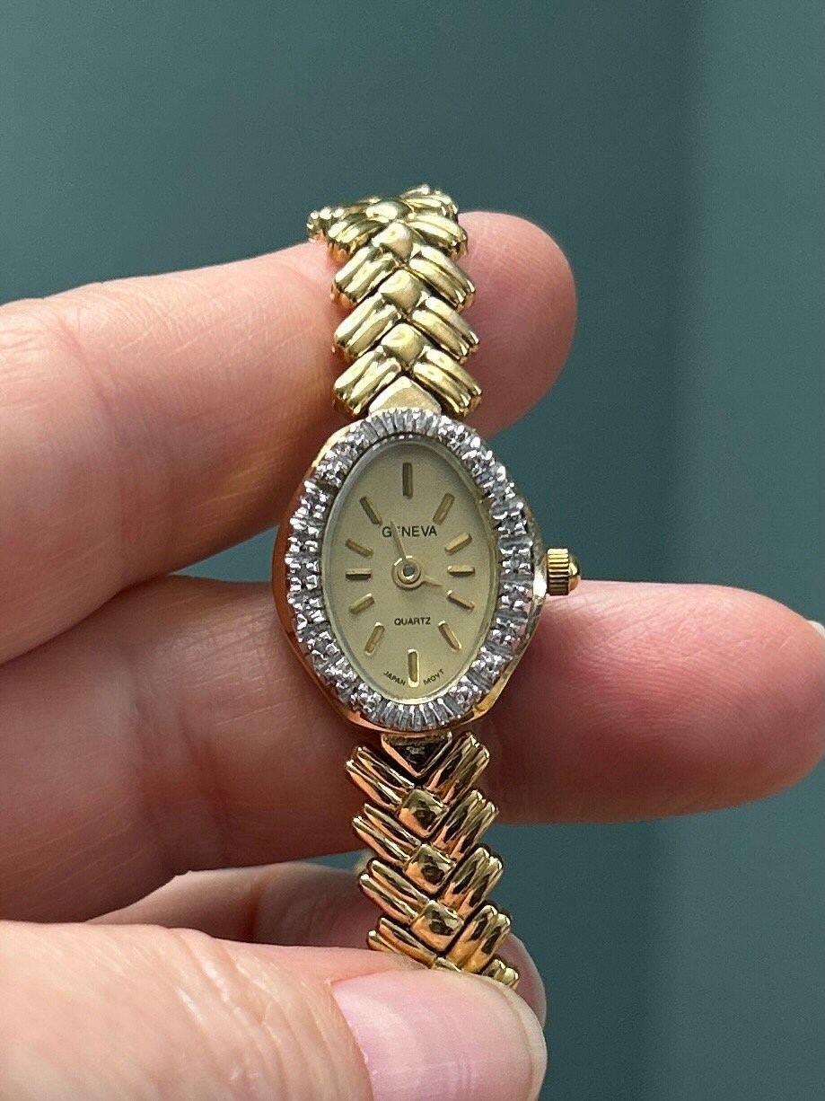 GENEVA Elegant WRIST WATCH Dressy Gold Tone With Crystal Rimmed Oval Face Cocktail Watch Etsy Canada