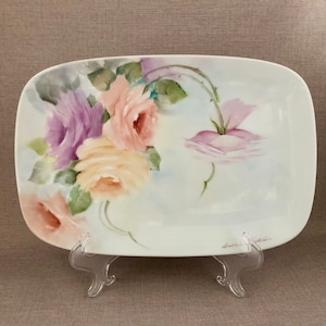 Hand Painted Small CHINA PLATTER Early 20th Century Style Rectangular Tray Gift Unique Display or Serving Piece Rose Floral Hostess Gift