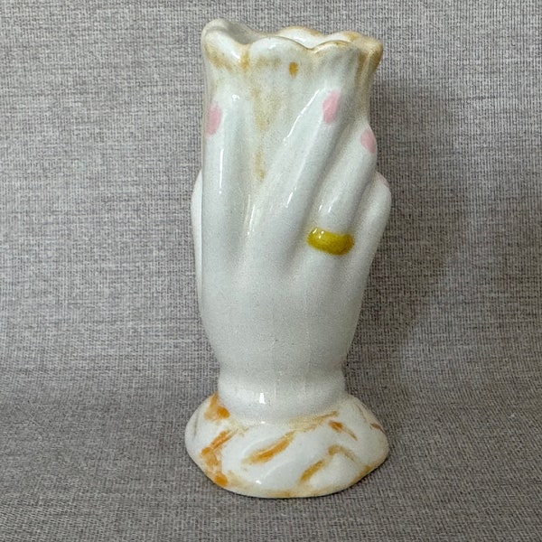 Small White 20th Century Studio Pottery Graceful Ceramic Hand Holding a Tulip Bud Vase Home Decor Accent Gift for Her