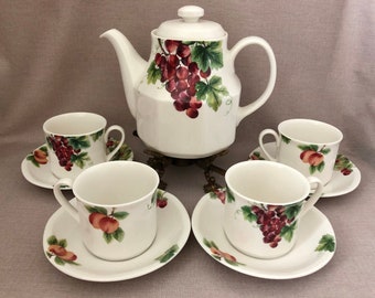 ROYAL DOULTON 10 pc Vintage Grape English Tea  Ceramic Tea Pot w 4 Cups & Saucers England TC 1193 Everyday Peaches Stoneware Gift for Her