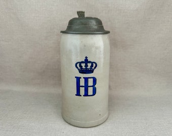 Antique 1 Liter GERMAN STEIN KGL HofBrauhaus Munchen Salt Glazed Tankard w Dome Pewter Lid c 1910 Beer Memorabilia Collectible Barware Gift