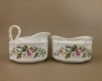 AYNSLEY Creamer and Sugar Wild Tudor Floral English Bone China made in England for Strawberry Basket Gift for Her Home