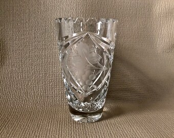 Cut CRYSTAL VASE Medium Size w Etched Flowers & Leaves and Saw Tooth Edge Star Burst Bottom Flared Shape Criss Cross Cuts Couples Gift
