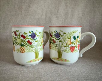 PAIR of Rare Villeroy & Boch 1980s APPETITO 3 1/2" Tall MUGS w Red Border and Multi Color Fruits in a Tree Pristine Mix Match Ready Gift