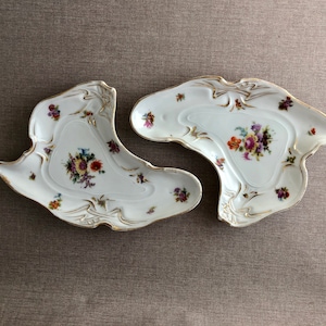 PAIR Antique Style CHINA Bone Dishes Floral Elaborate Scalloped & Gilded w Incised Bottom Mark Number Transferware Excellent Gift Condition