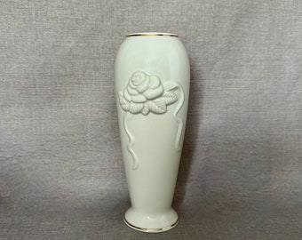Vintage Lenox Rosebud Vase, Ivory Bone China, Embossed Roses, Gold Trim, 1980s