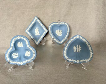 SET of 4 WEDGWOOD Blue Jasperware Trinket or Pin or Candy Dishes Shaped as 4 Suits of Playing Cards English China Collectible Gift for Home