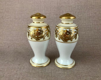 Early NORITAKE China N 175 Christmas Ball SALT & PEPPER Shakers Gold Encrusted Moriage Blue Mark Dishware Accessory Gift for her Home