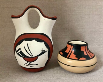 Miniature Hopi Pottery Vase Pair, Hand-Painted Native American Folk Art Collectibles