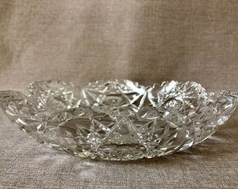 AMERICAN BRILLIANT ABP Deep Cut Clear Crystal Glass 7 1/2" Serving Bowl Saw Tooth Edge Star and Pinwheel Heavy Candy Dish Gift for Her