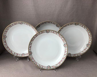 SET of 4 BOWLS Early 1900s Antique NORITAKE Nippon Portland Soup Cereal or Small Serving Bowls made in Japan Scroll Border w Roses Her Gift