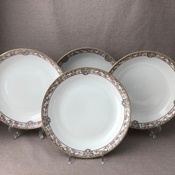 SET of 4 BOWLS Early 1900s Antique NORITAKE Nippon Portland Soup Cereal or Small Serving Bowls made in Japan Scroll Border w Roses Her Gift