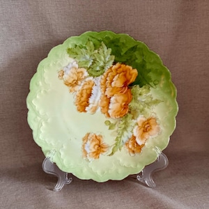 Fine 1902 Antique CHINA PLATE, Scalloped & Embossed P T Germany Hand Painted Russet, Green  and White Floral 8 1/2 in Dish, Collectible Gift